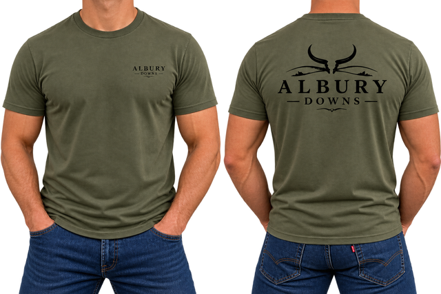 Bullhorn T Shirts, back view showing cattle-horn wordmark print